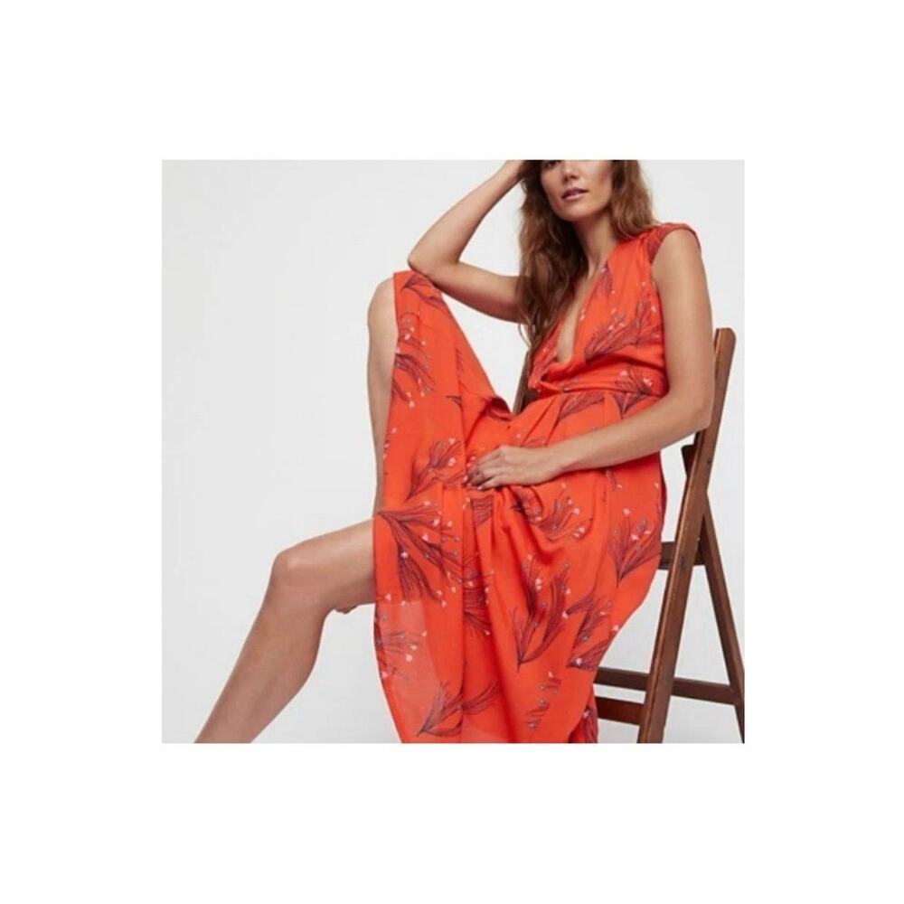 Free People Sz 10 Retro Coral Orange Floral Print Rayon Midi Dress Side Pockets - Picture 4 of 12